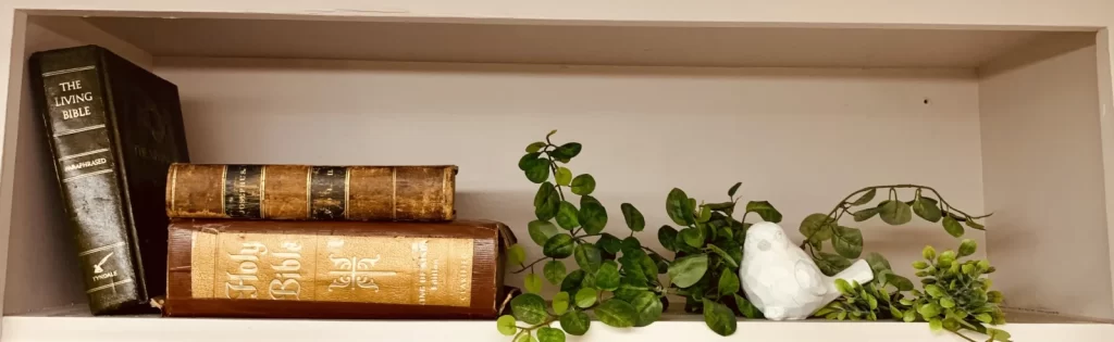 Shelf with bibles and dove
